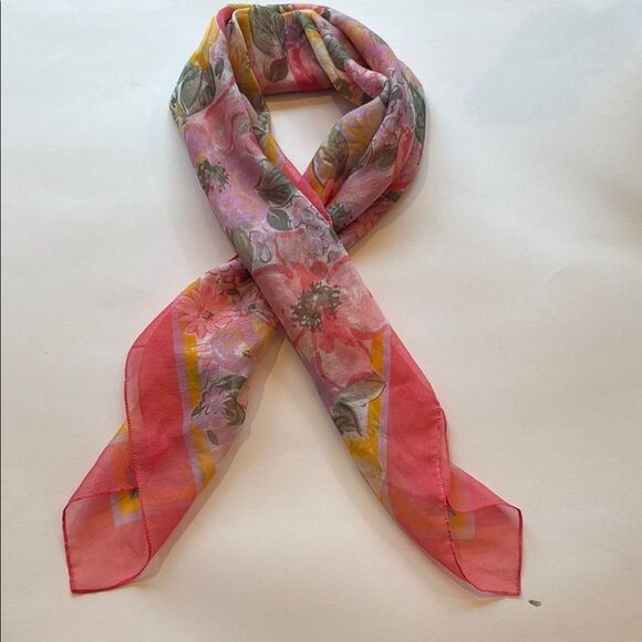 Spring Floral Coral Pink Yellow Green Scarf Square About 30" - Picture 5 of 5